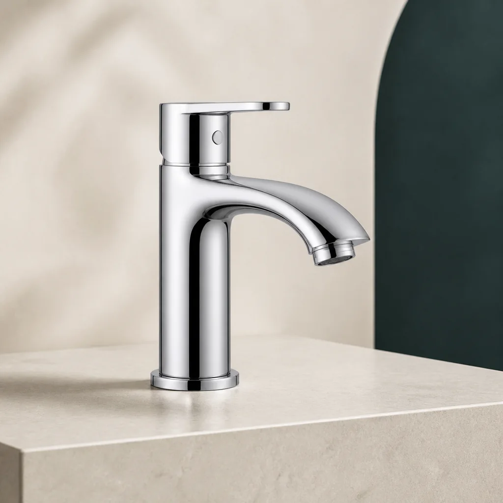 Representative studio image of a chrome basin mixer