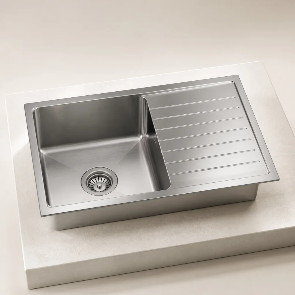 Representative studio image of a single-bowl kitchen sink with drainboard